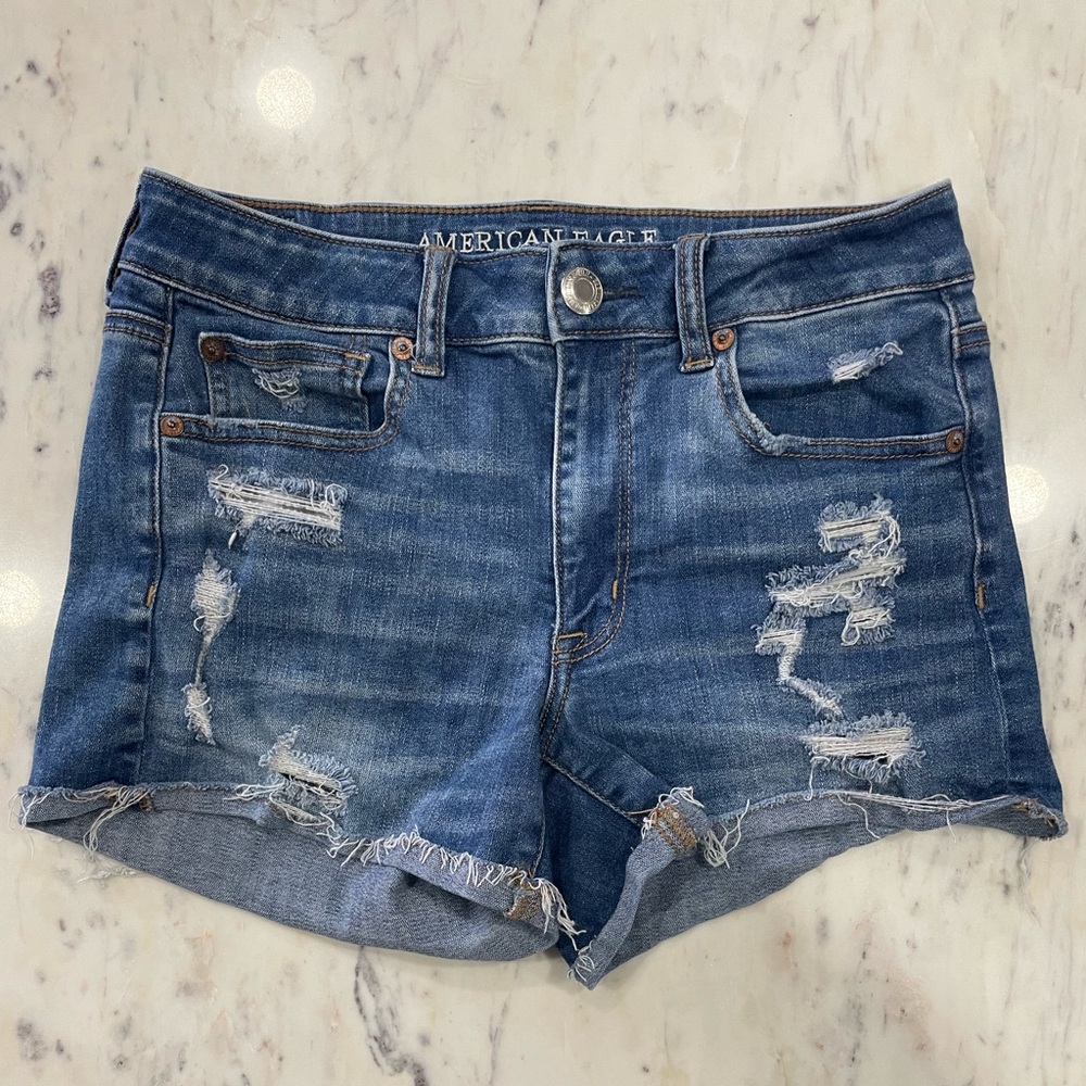 American Eagle Micro Mini Shorts Y2K Blue Jean Denim Distressed Super Stretch 6